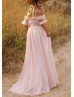 Off Shoulder Blush Tulle Pleated Wedding Dress